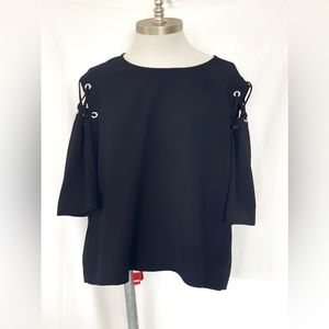 IRO BLACK CREW NECK 3/4 QUARTER ARM BLOUSE GROMMET LACED UP OPEN SHOULDER 38 M